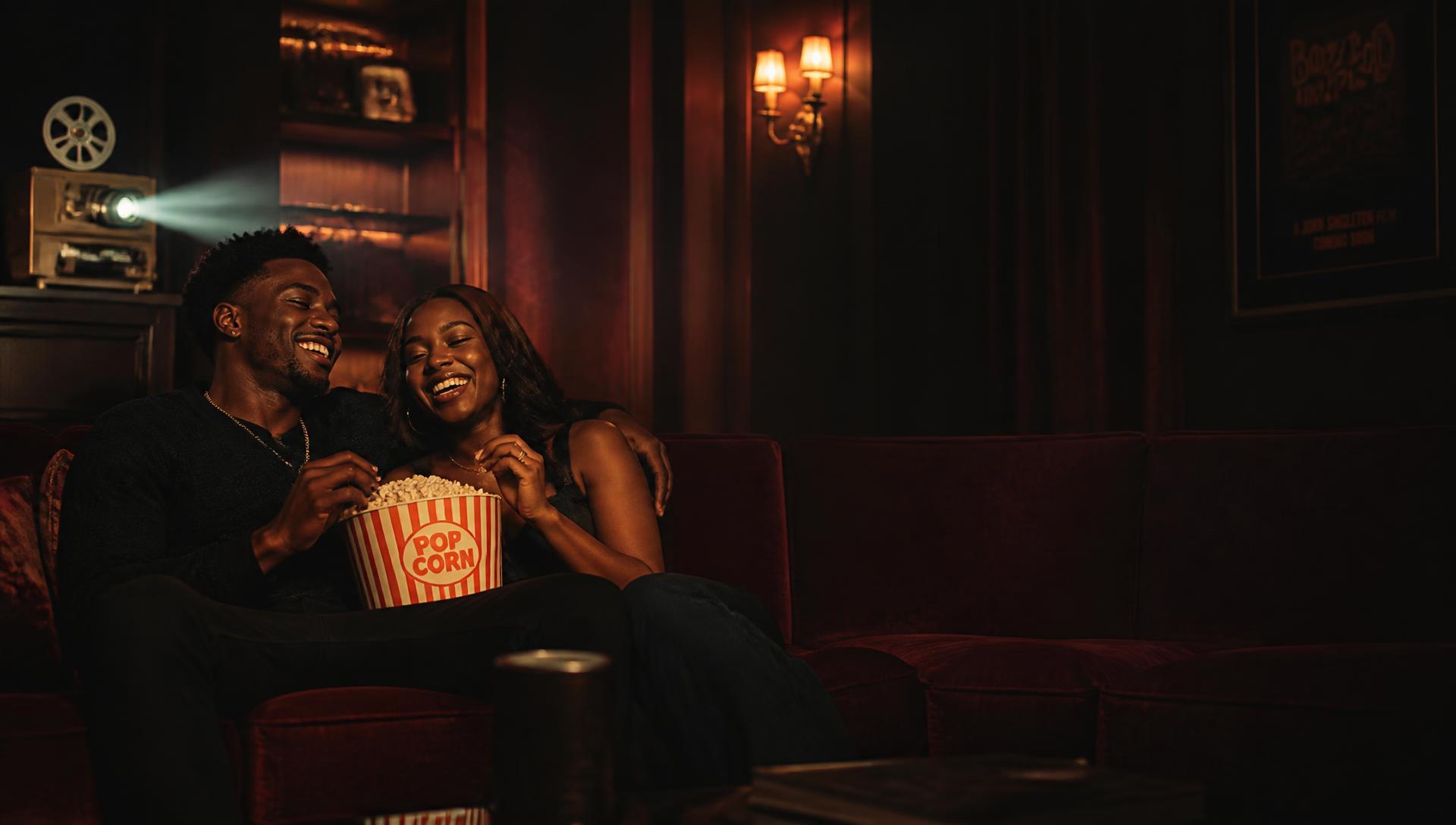 Couple watching a movie together with popcorn in a home theater